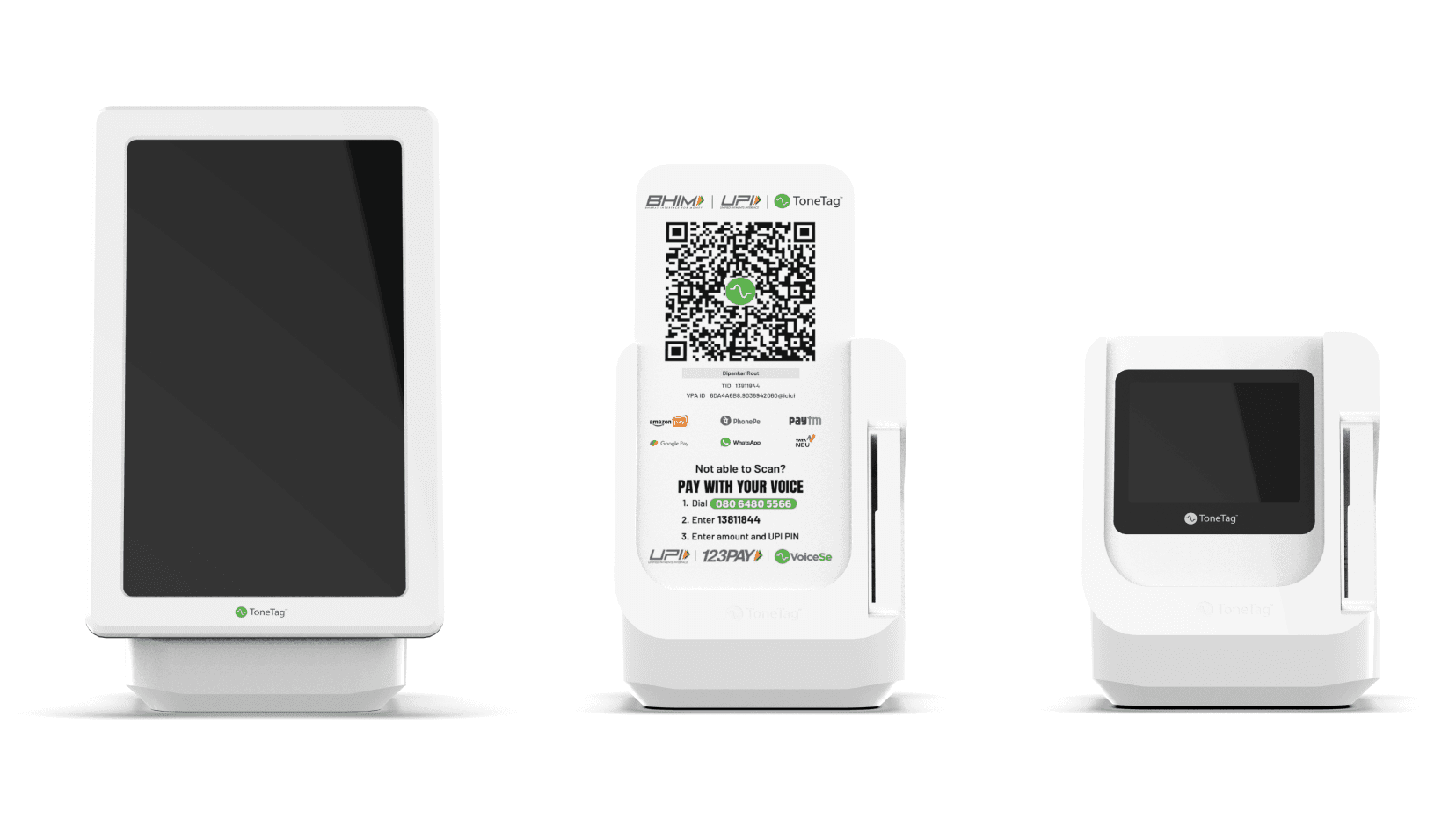 A minimalist kiosk version with a mechanical sliding static QR code, a mid-tier secure variant displaying dynamic QR codes, and a flagship 10-inch detachable touchscreen that enables self-checkout in high-end stores.